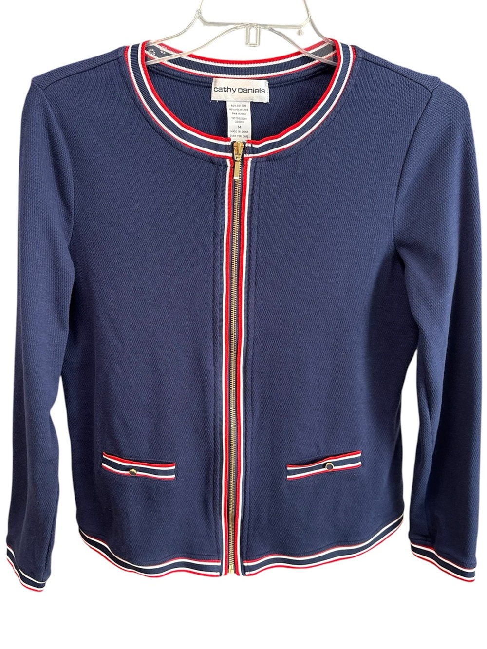 Cathy Daniels nautical zippered cardigan, light and stretchy. Size medium